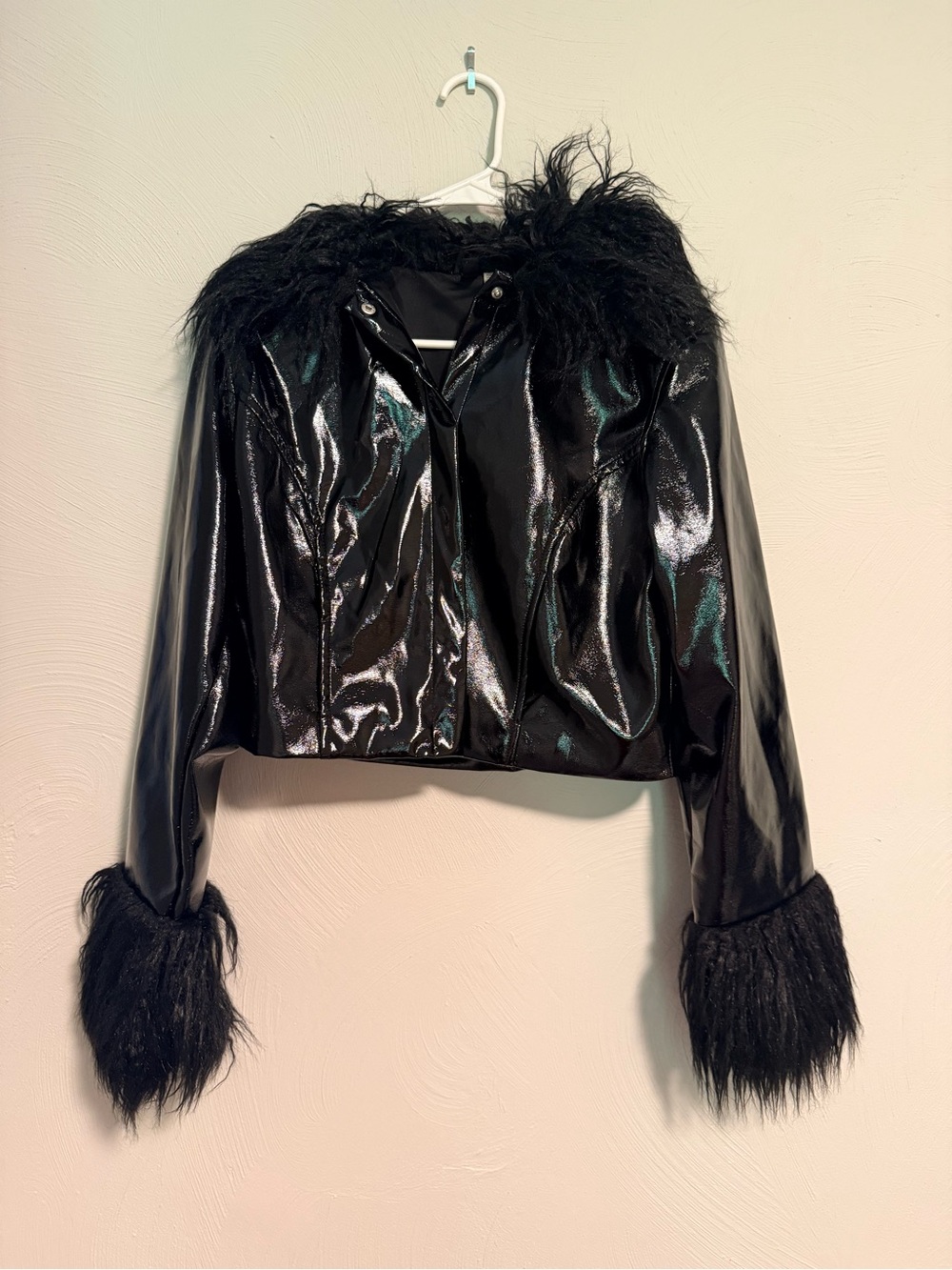H&M Black Faux Leather Cropped Jacket with Faux Fur Trim